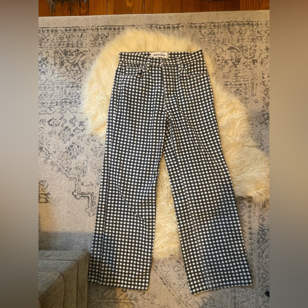 Reformation black+white gingham flare jeans, size 26
